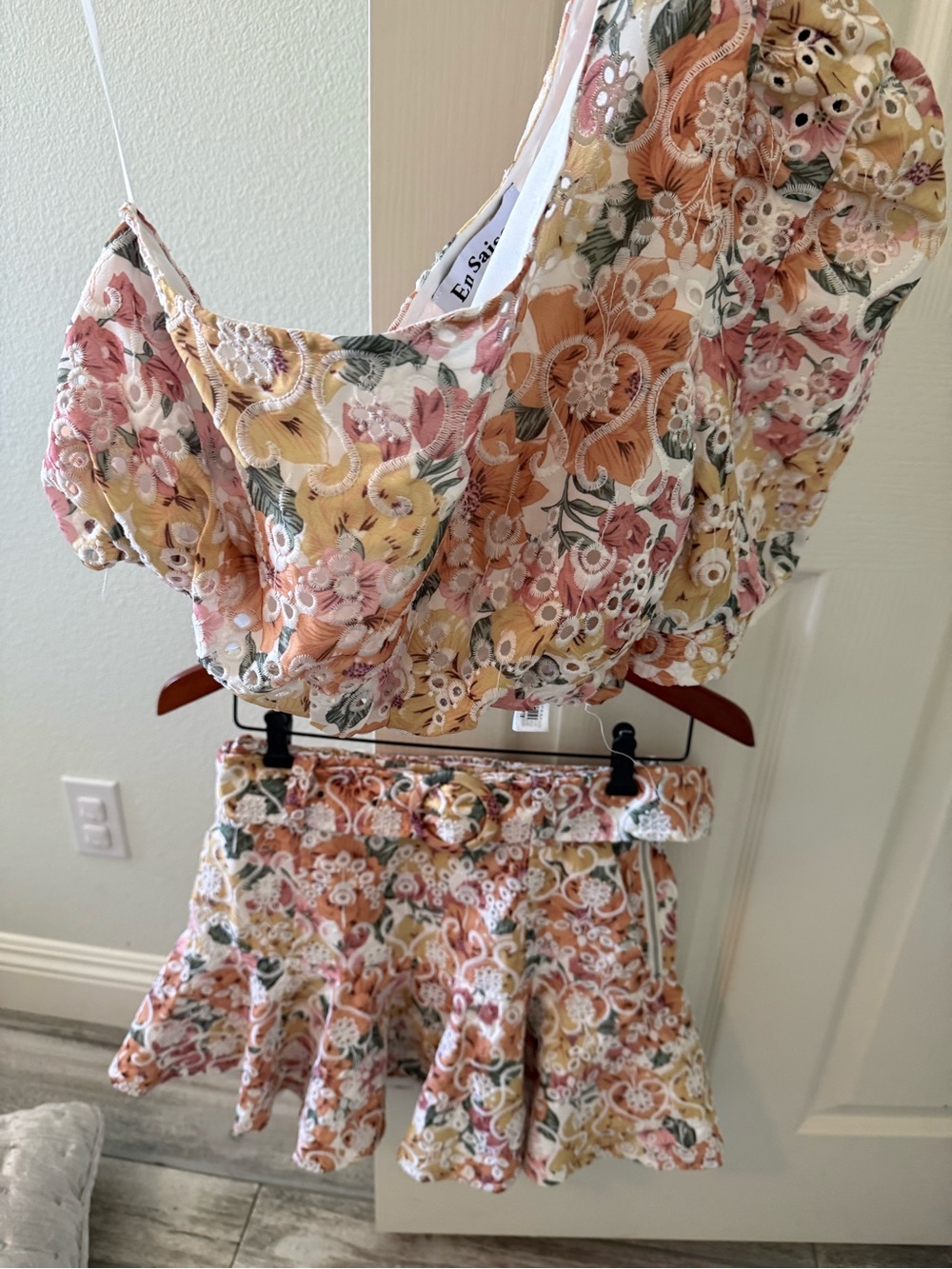 En Saison Peach Floral Eyelet Crop Top & Ruffle Skirt Set